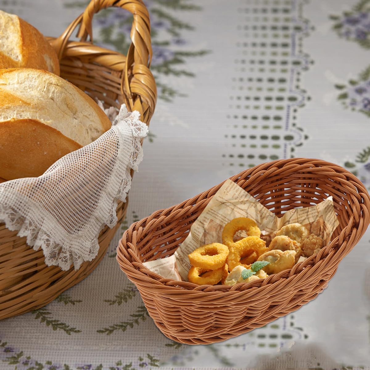 Zerodeko 3pcs Woven Bread and Fruit Serving Baskets 19x13x7.5cm Plastic Imitation Rattan Storage Bins for Kitchen Dining Restaurant Use