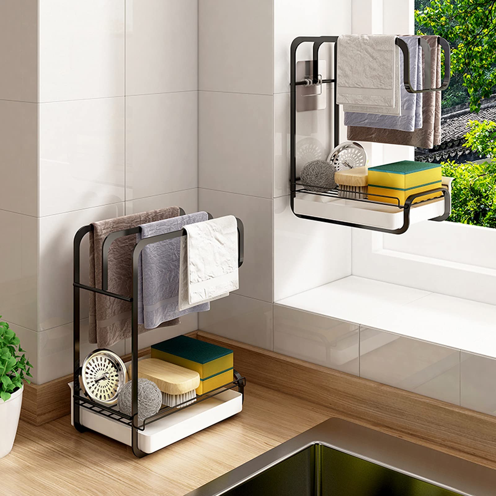Mensole Bagno Mensole Galleggianti Portalavello Cucina, Mensola Bagno, Distributore di Sapone in Acciaio Inossidabile Organizzatore di Spugne, Spazzola per Piatti Stendino con Vaschetta di Scarico Rim