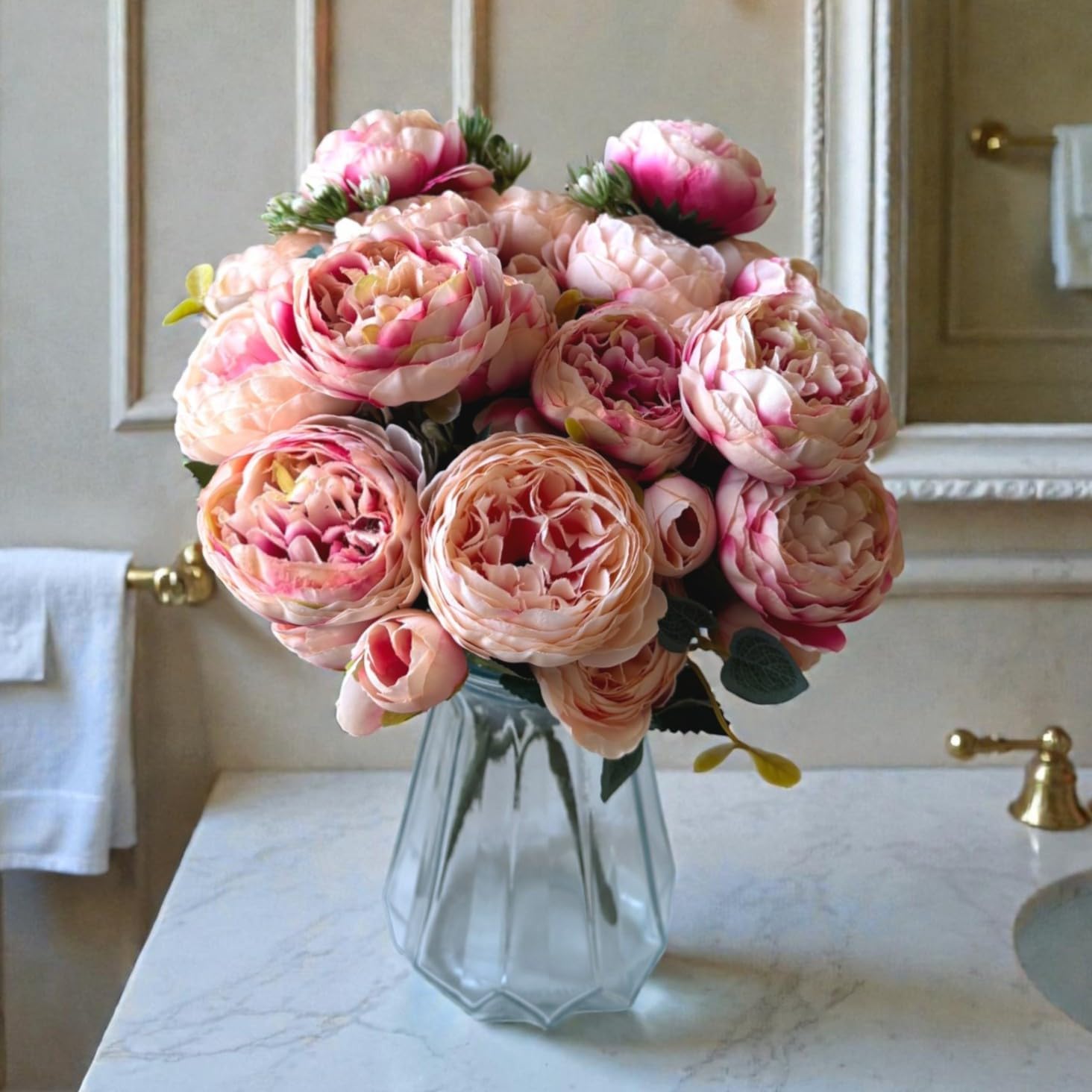 Artificial Rose Peonies Bouquet, 4 Bundles Mixed Silk Flowers, Fake Peony Floral Arrangement for Wedding Centerpieces, Table Decor, Party & Home Decoration