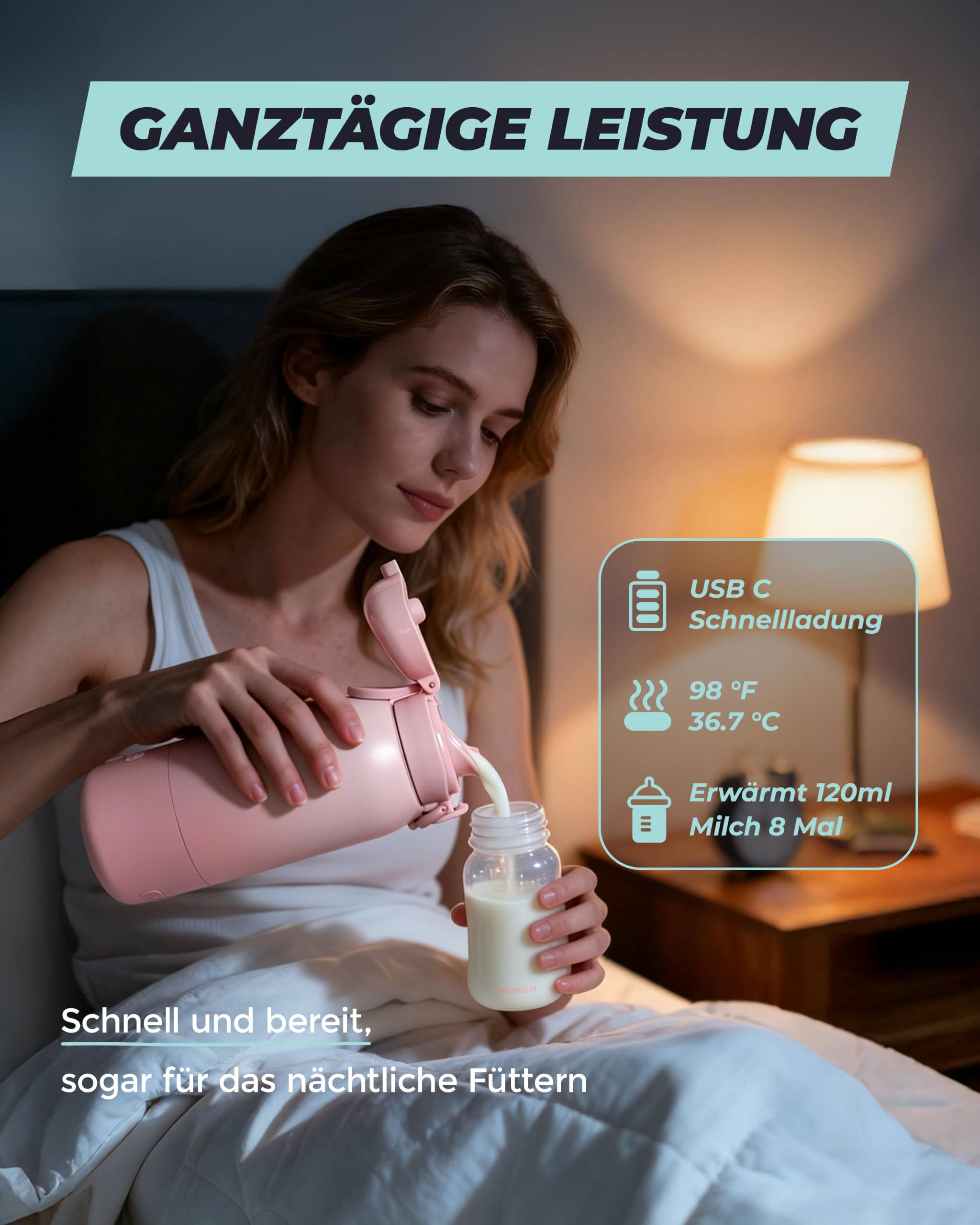 Tragbarer Flaschenwärmer Baby für unterwegs mit Selbstreinigungsfunktion, 100W Schnellaufwärmung, Präzise Temperaturkontrolle, 450 ml Kapazität, Akku für 2–3 Erwärmungen einer vollen Flasche