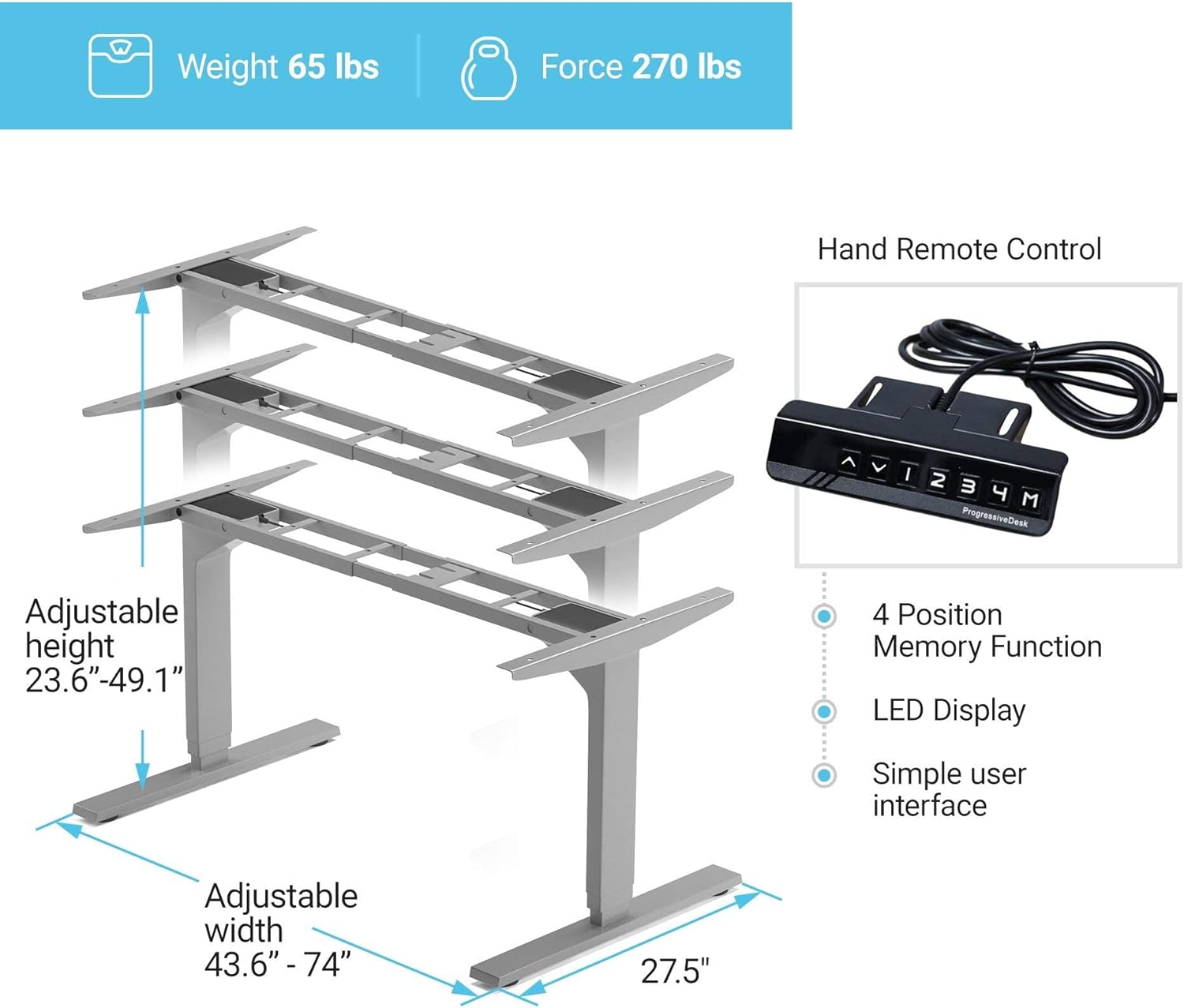 PROGRESSIVE AUTOMATIONS Standing Desk Frame Dual Motor. Adjustable Height and Width, 3 Stages Electric Legs for sit Stand desks. Suites Tops from 48" to 73" FLT-02 Grey
