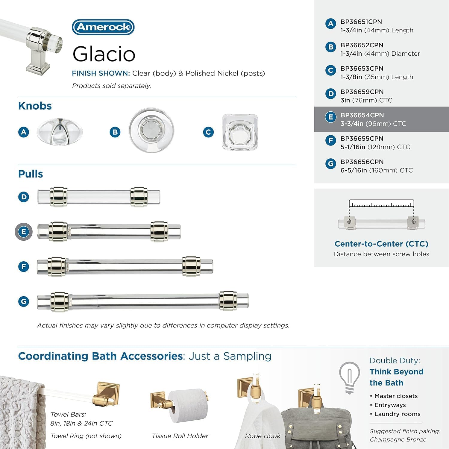 Amerock | Cabinet Pull | Clear/Polished Nickel | 3-3/4 inch (96 mm) Center to Center | Glacio | 1 Pack | Drawer Pull | Drawer Handle | Cabinet Hardware
