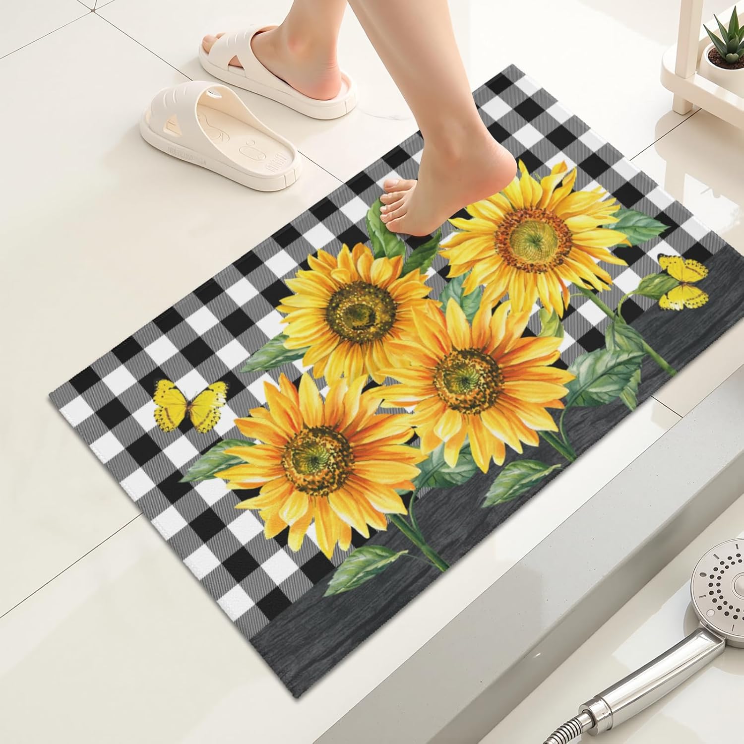 Sunflower Bathroom Rug Summer Floral Non Slip Washable Farmhouse Buffalo Plaid Absorbent Low Profile Bath Mat for Shower Tub Sink Laundry Room 20x32 Inch