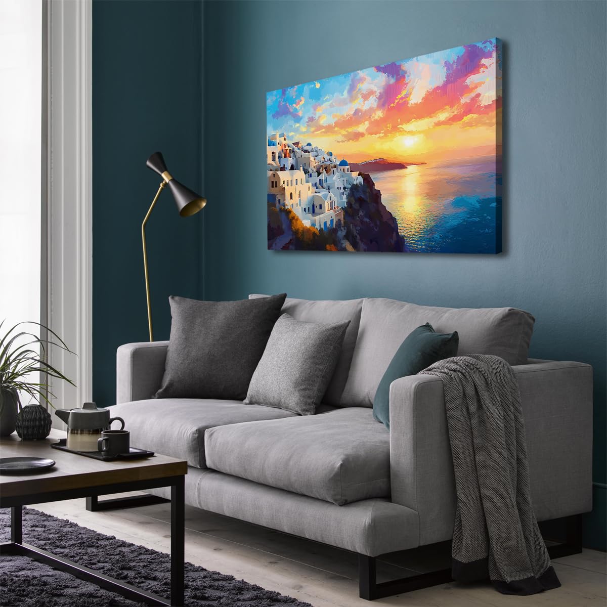 CHERHERART Architecture bleu-blanc Toile Art mural Coucher de soleil Village côtier Affiches Photos Peinture Œuvres d’art pour salle de bain 85x140cm Sans cadre