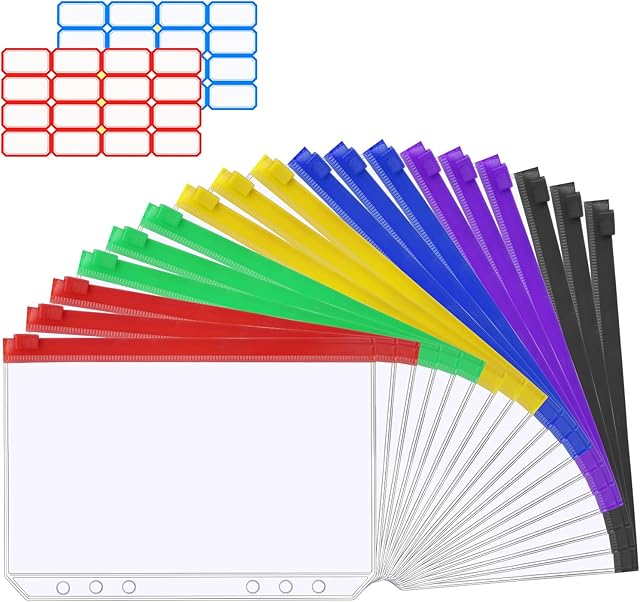 Vicloon Plastic Binder Zipper Folders, A5 Binder Pockets 6 Holes Binder Pockets, 18pcs Budget Binder Pockets Plastic Zipper for Documents Notebooks Cards School Supplies Office Home (Multicolor)