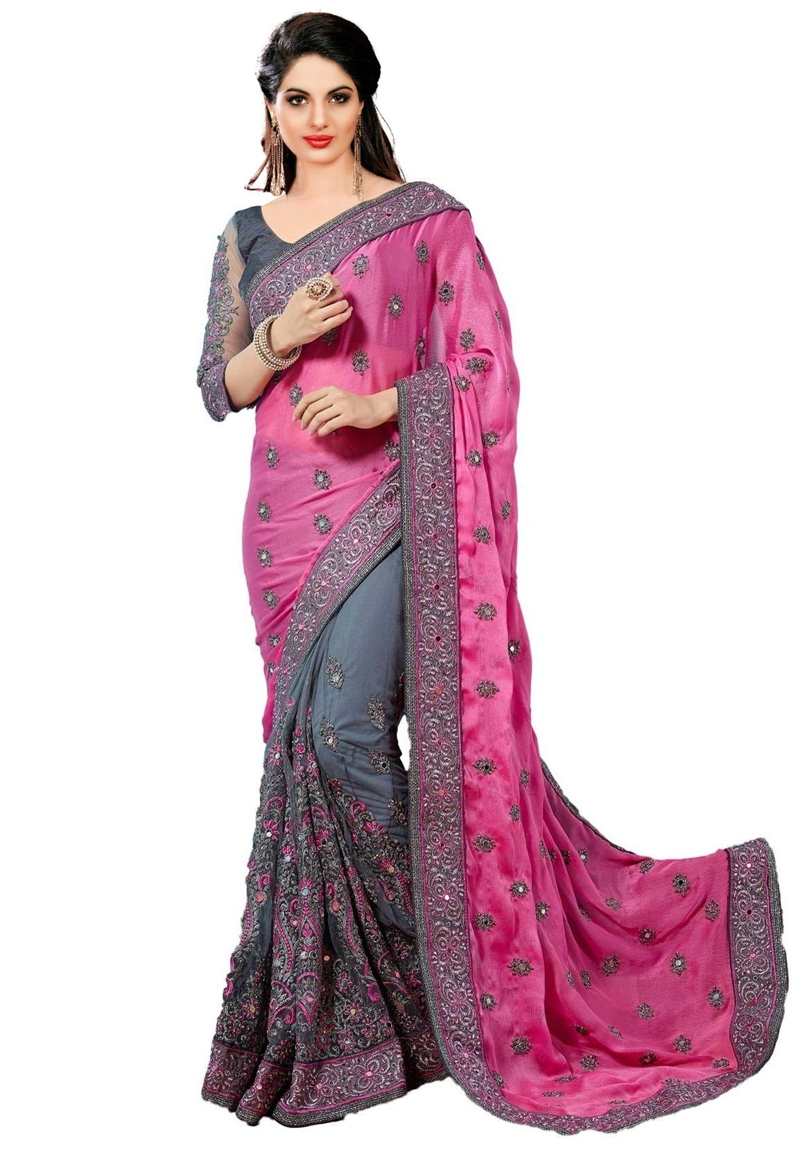 PANASH TRENDSWomen's Satin Net Embroidery Saree Unstitched Blouse (Pink)