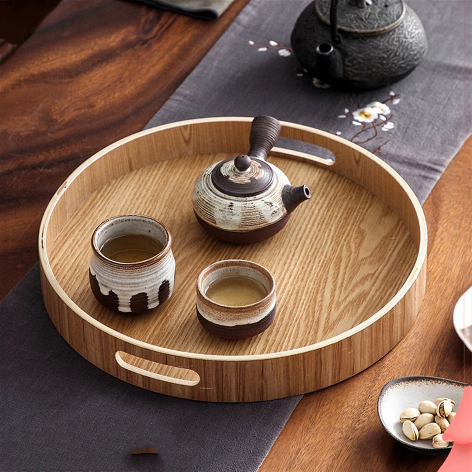 Bandejas Decorativas Bandeja de Madera Circular Simple, Juego de té, Bandeja de Cocina, Bandeja de Servicio con Asas Dobles Bandejas para Servir(Pequeño)