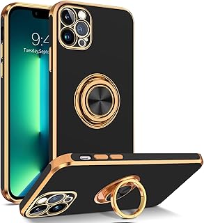 BENTOBEN iPhone 13 Pro Case, Case iPhone 13 Pro, Ring Holder Edge Plating Rotation Kickstand Soft Silicone TPU Bumper Women Slim Flexible Anti Slip Shockproof Protective Case for iPhone 13 Pro, Black