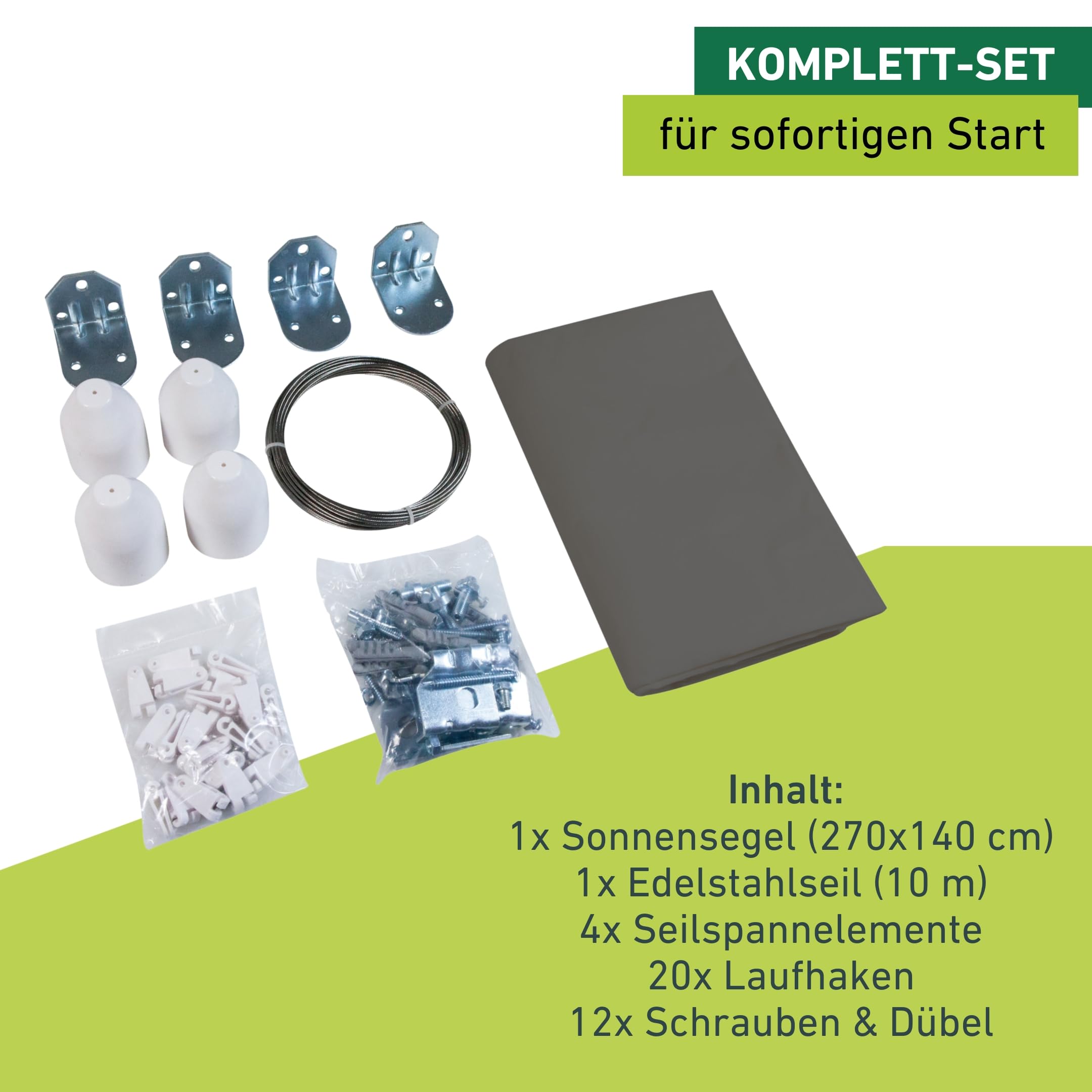 Windhager Sonnensegel-Seilspann-Set, 270 x 140 cm, Sonnenschutz, atmungsaktiv, Polyestergewebe