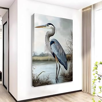 Yemwot Blue Heron Canvas Wall Art, Blue Heron in Lake Canvas Wall Art, Bird Picture Print, Wetland Birds Print Decor, Animal Painting, Living Room, Bedroom, Kitchen Decor 24"x36"