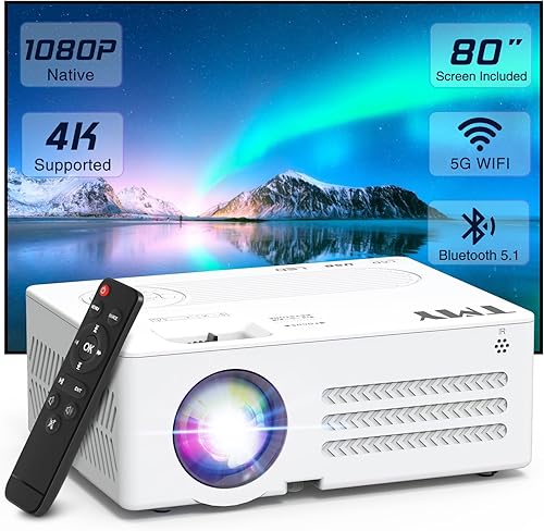 TMY - Proyector con WiFi y Bluetooth【pantalla de 80" incluida】Proyector para exteriores nativo de 1080P, proyector portátil compatible con 4K,