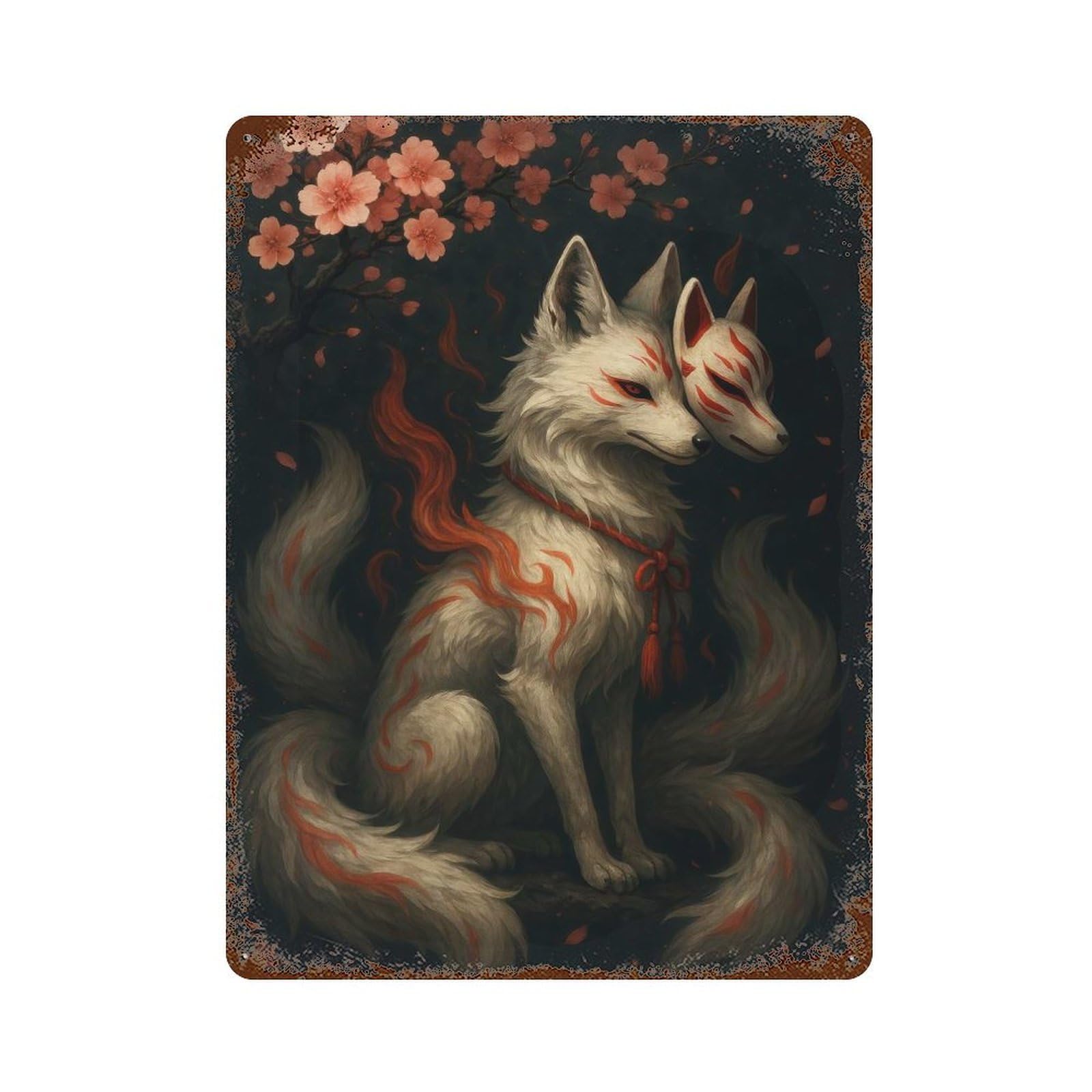 Kitsune with Mask And Cherry Blossoms Aged Metal Wall Plaque 15.7"x11.8", for Office, Studio And Wall Decor, Novelty Wall Decor
