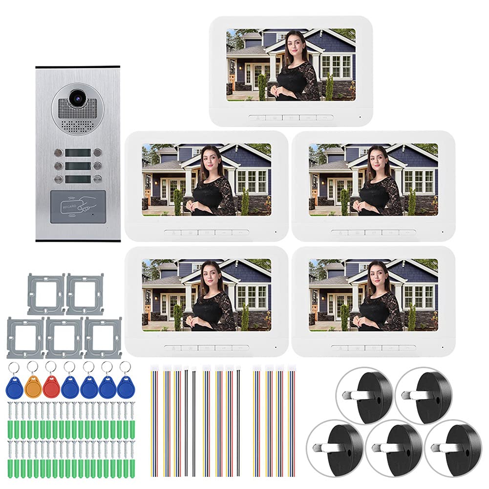 di Videocitofono per 5 Appartamenti, Videocitofono con Visione Notturna IR CUT da 7 Pollici, Videocitofono Antipioggia Citofono di Controllo Accessi per Villa(Spina UE 100‑240