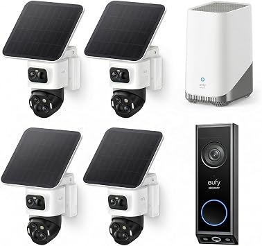 eufy Security eufyCam S4 4-Cam Kit with Video Doorbell E340, 4K Solar Camera Wireless Outdoor, 3-Lens PTZ Cam, 360 View, Whole-Home Coverage, AI Recognition, 8X Zoom, No Monthly Fee, Local Storage