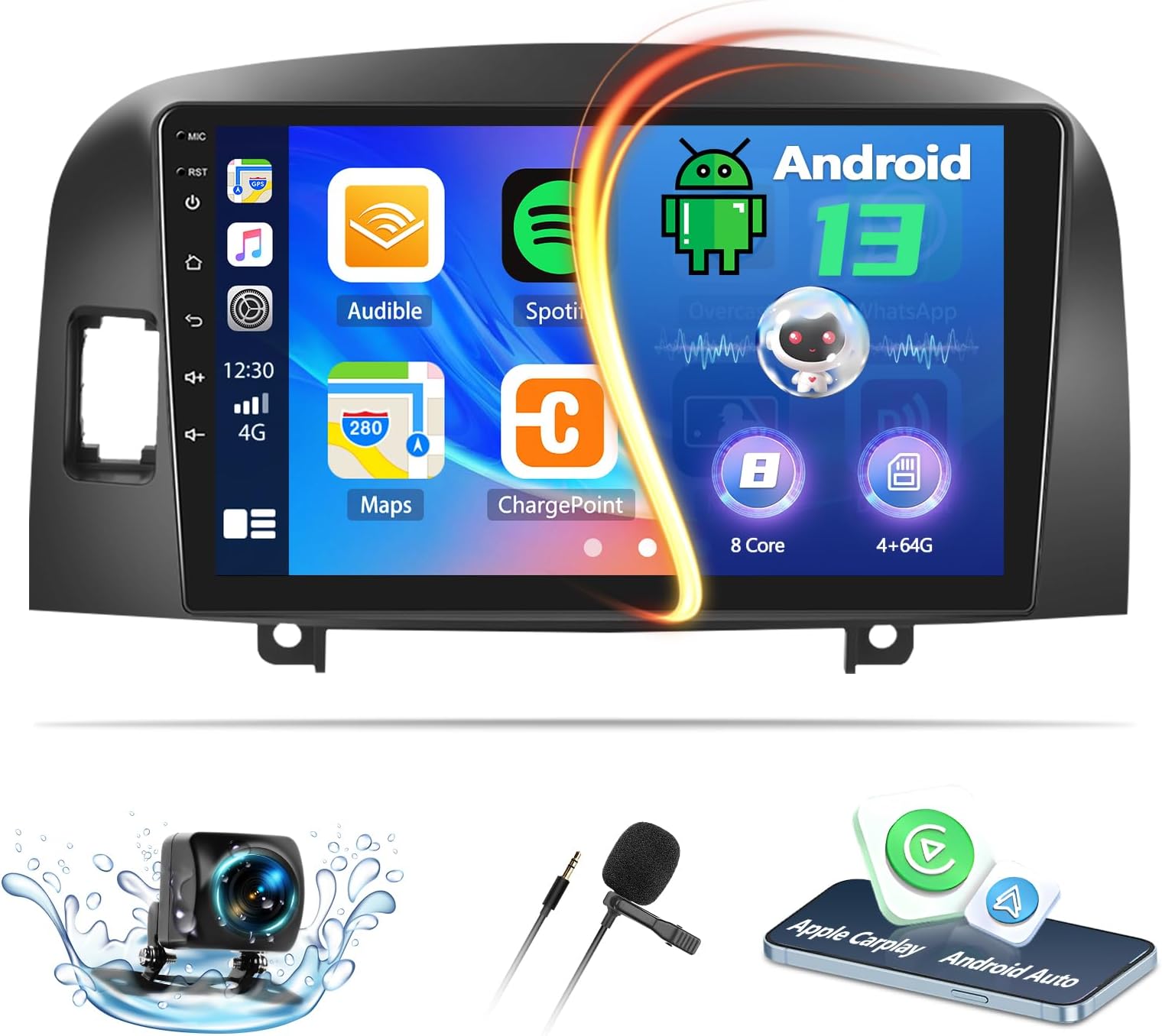 8-Core 4+64G Android Stereo for with Hyundai Sonata NF 2004-2008 with Carplay Android Auto 59 Theme 9 inch Touch Screen Bluetooth 5.0 FM/RDS Network Radio DSP 32EQ AI Voice GPS
