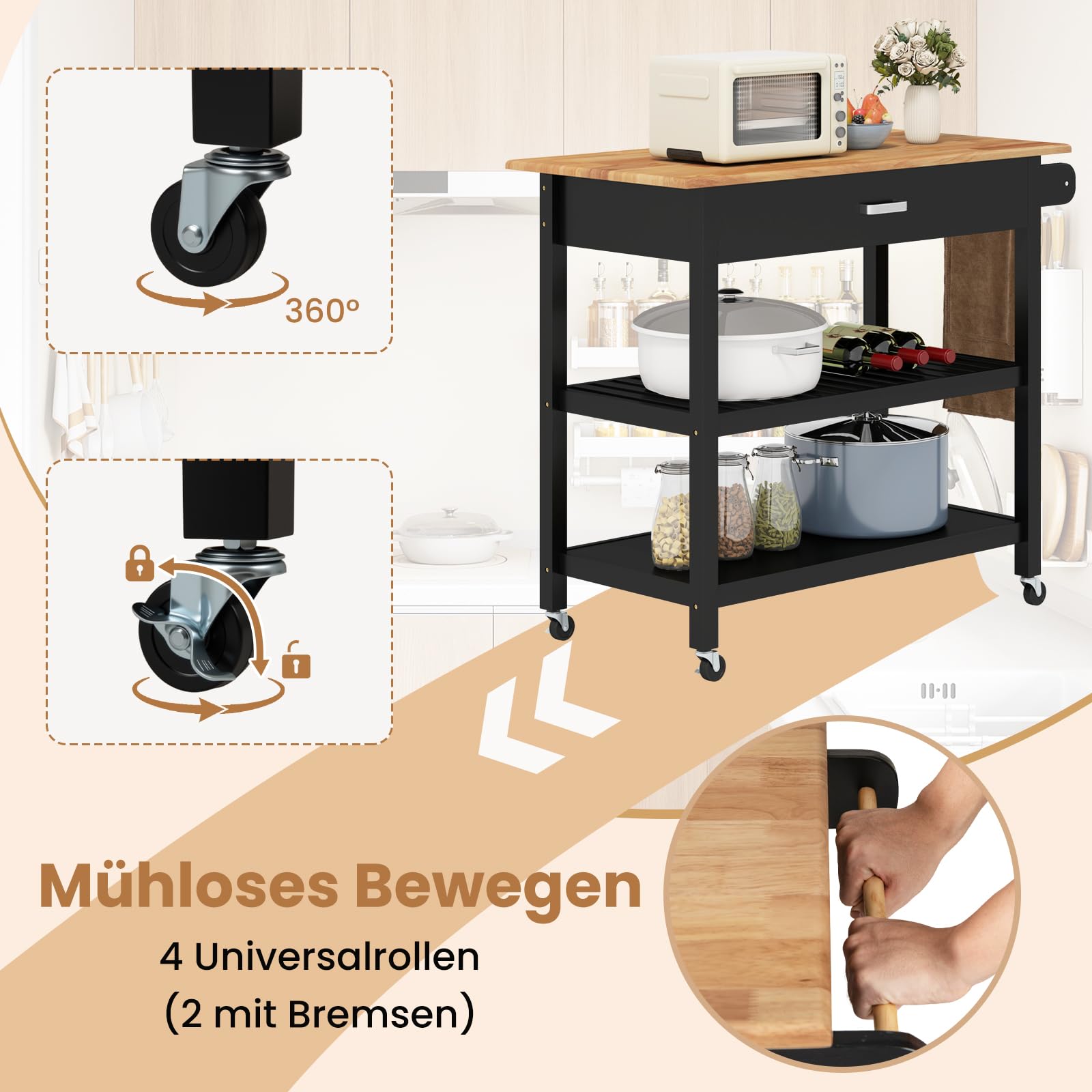 COSTWAY Wózek kuchenny, mobilna wyspa kuchenna z blatem roboczym, 3-poziomowy wózek kuchenny z 2 otwartymi półkami, szufladą, kółkami blokowymi, wózek do serwowania do jadalni, kuchni (czarny)