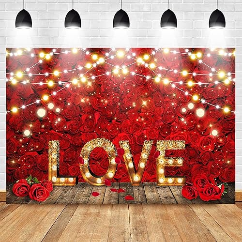 Vista 3 de Mocsicka Telón de fondo para el día de San Valentín, rosas rojas, fondo de amor, luces rústicas, flores, bodas, despedidas de soltera, fiestas