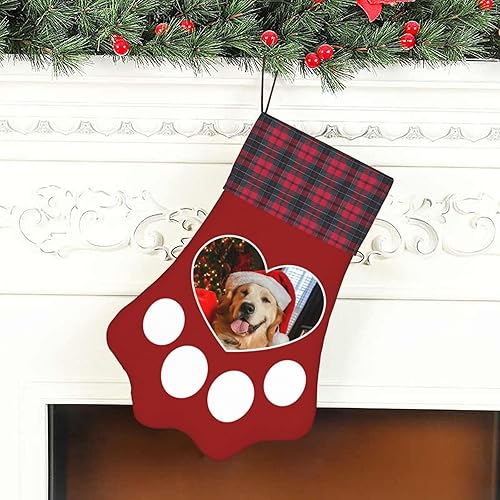 Miniatura 5 de LYNLIN Medias de Navidad personalizadas con foto de mascota, calcetines de Navidad grandes en forma de pata roja para perros y gatos, chimenea de