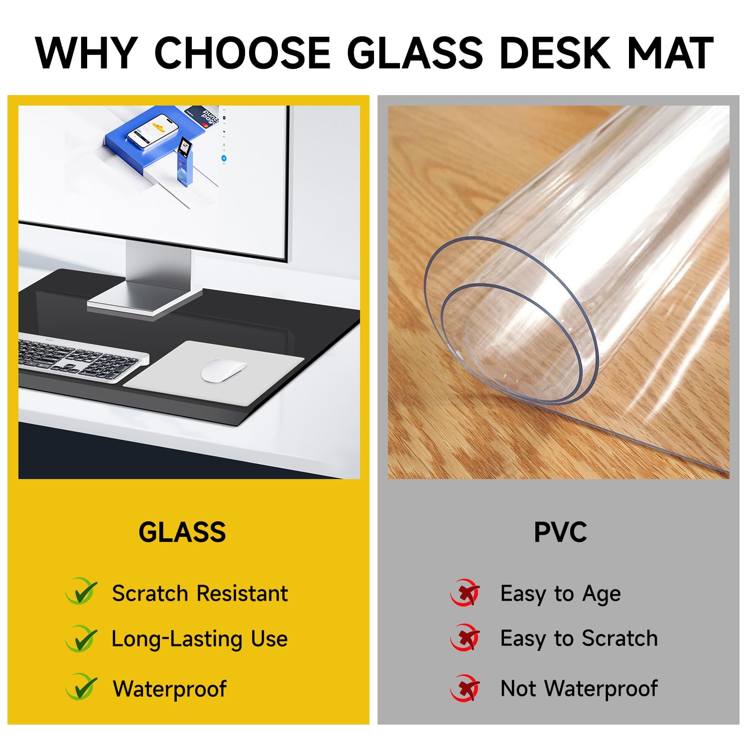 VASUHOME Schreibtischunterlage aus gehärtetem Glas mit abgeschrägtem Rand, ergonomischer Schreibtischschutz, trocken abwischbare Oberfläche, idealer Tischschutz für Zuhause und Büro, 61 x 45,7 cm