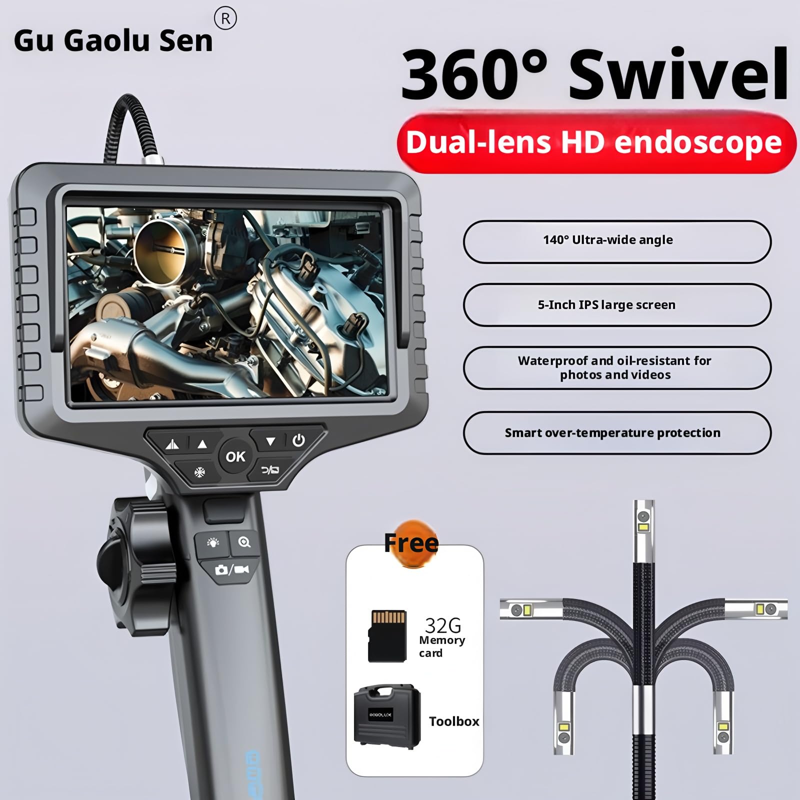 Borescope GL-500M Endoscope 4mm 1M Dual Lens 1080P