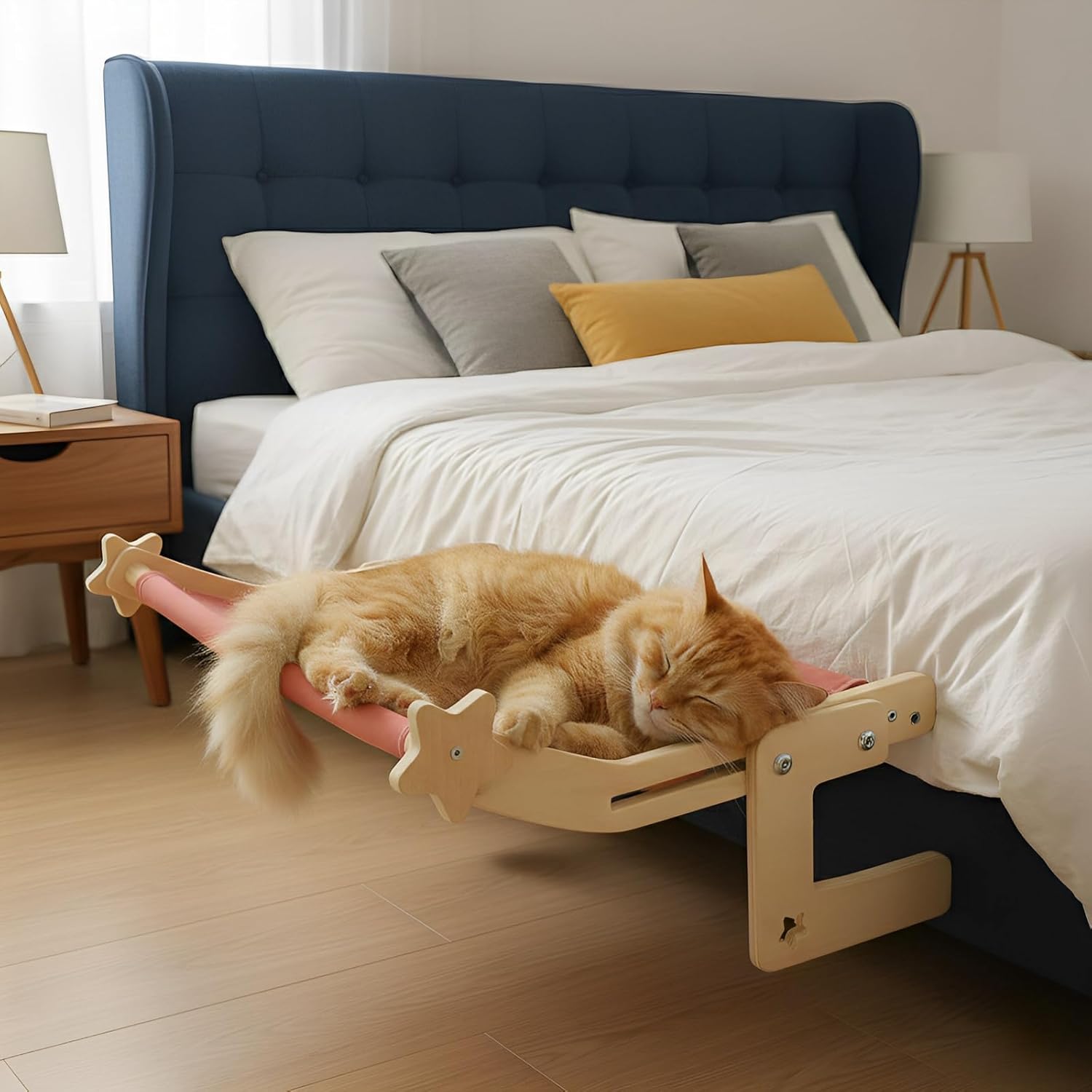 Cat Hammock for Small Cats, S Size Pink Cat Bed with Solid Wood Frame, No Drill Design, 15.7 x 11.8 x 7.9 in Adjustable Kitten Window Perch