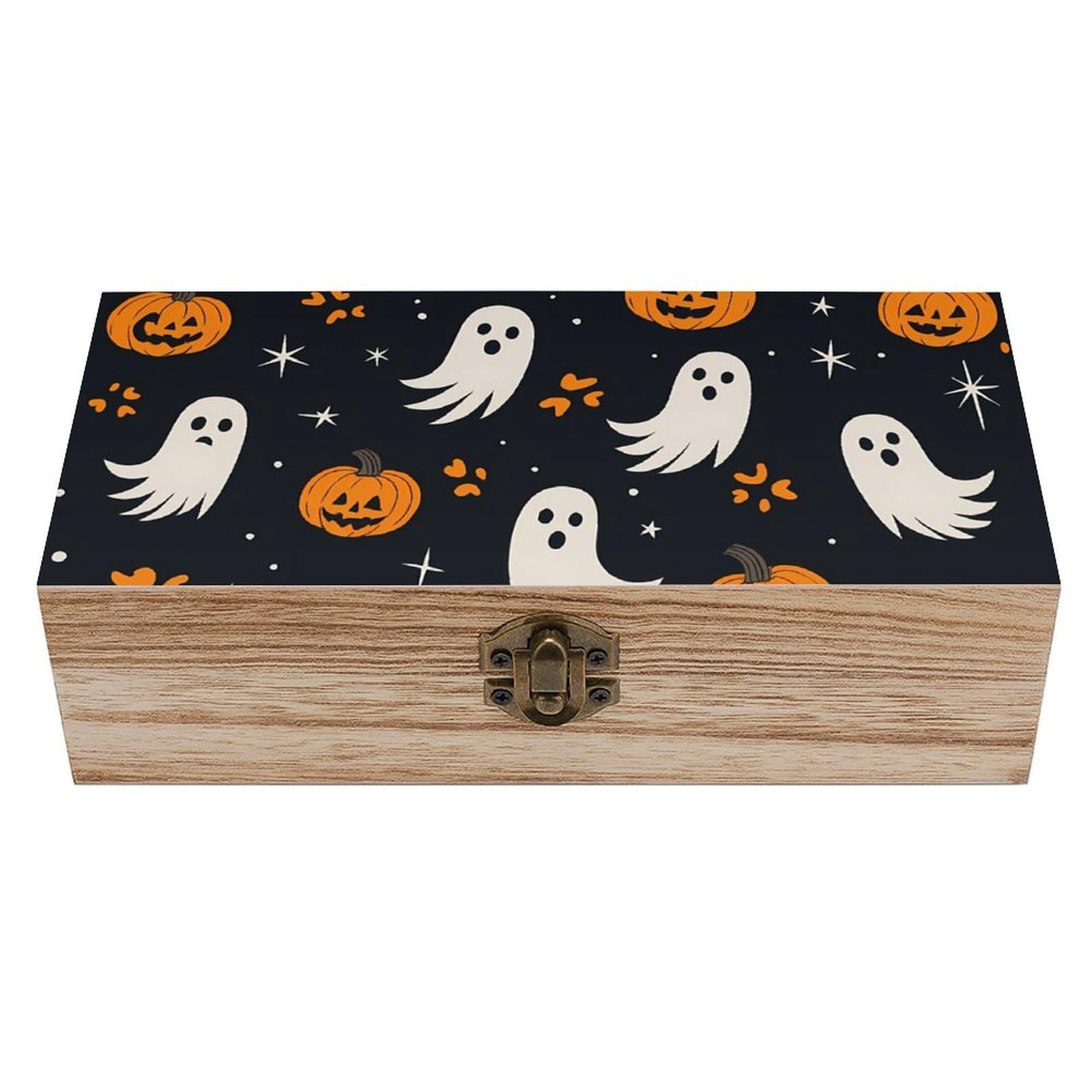 HLBSDM Halloween Playful Ghost And Funny Pumpkin Retro Wooden Storage Box Jewelry Art Gift Boxs Decorative Keepsake Boxes