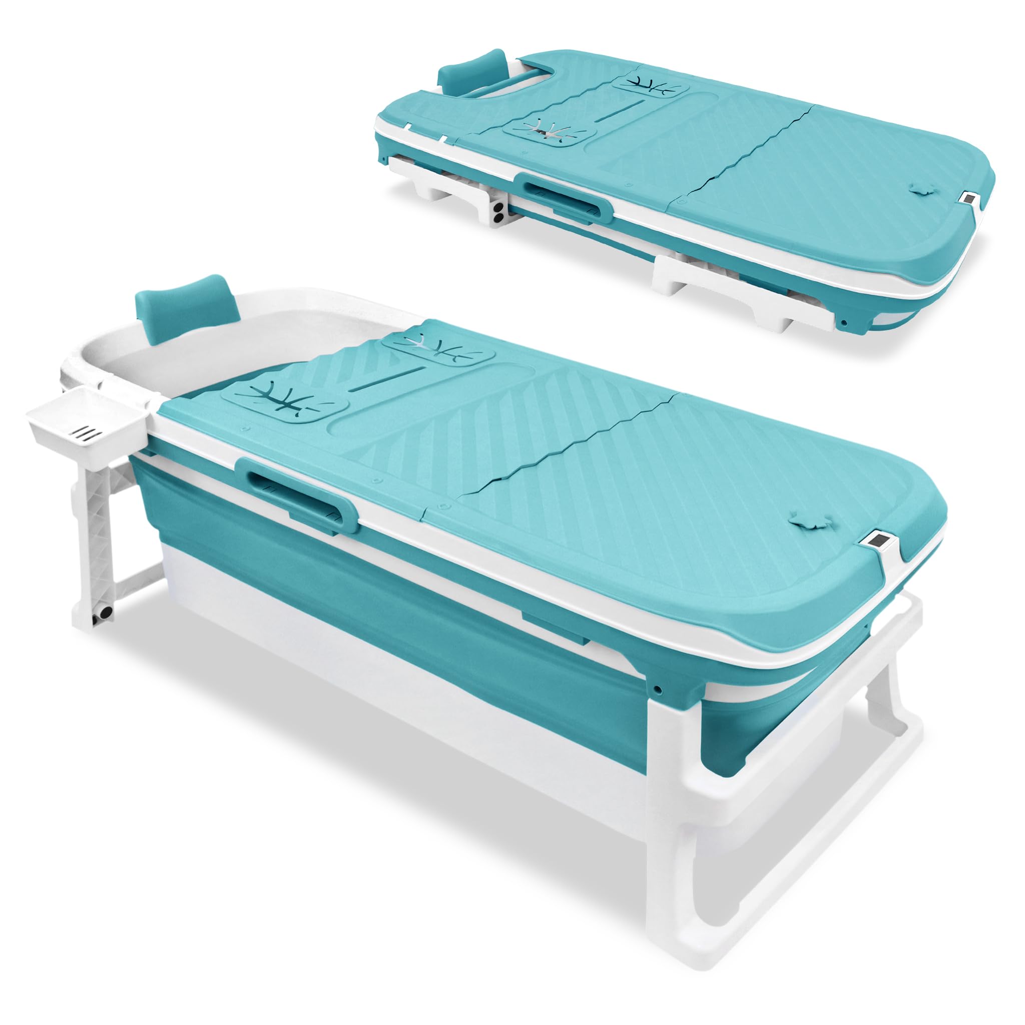 SUBTLETY Freistehende Badewannen Erwachsene mit Abnehmbar Abdeckung Thermometer Faltbare Sitzbadewanne mit Massagerollen und Dampfanschluss Kunststoff Klappbadewanne für Sauna SPA (149x64x54cm)