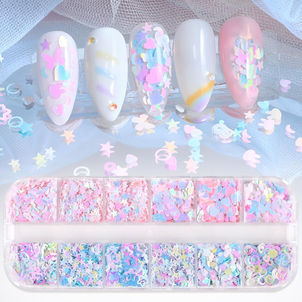 Holographic Nail Art Sequins, Iridescent Candy Colors Nail Confetti, 3D Chunky Laser Glitter Nail Flakes, Alphabet Star Heart Shapes, 3mm, DIY Manicure Decoration (Star,Heart,Rabbit,Butterfly-12Grids)