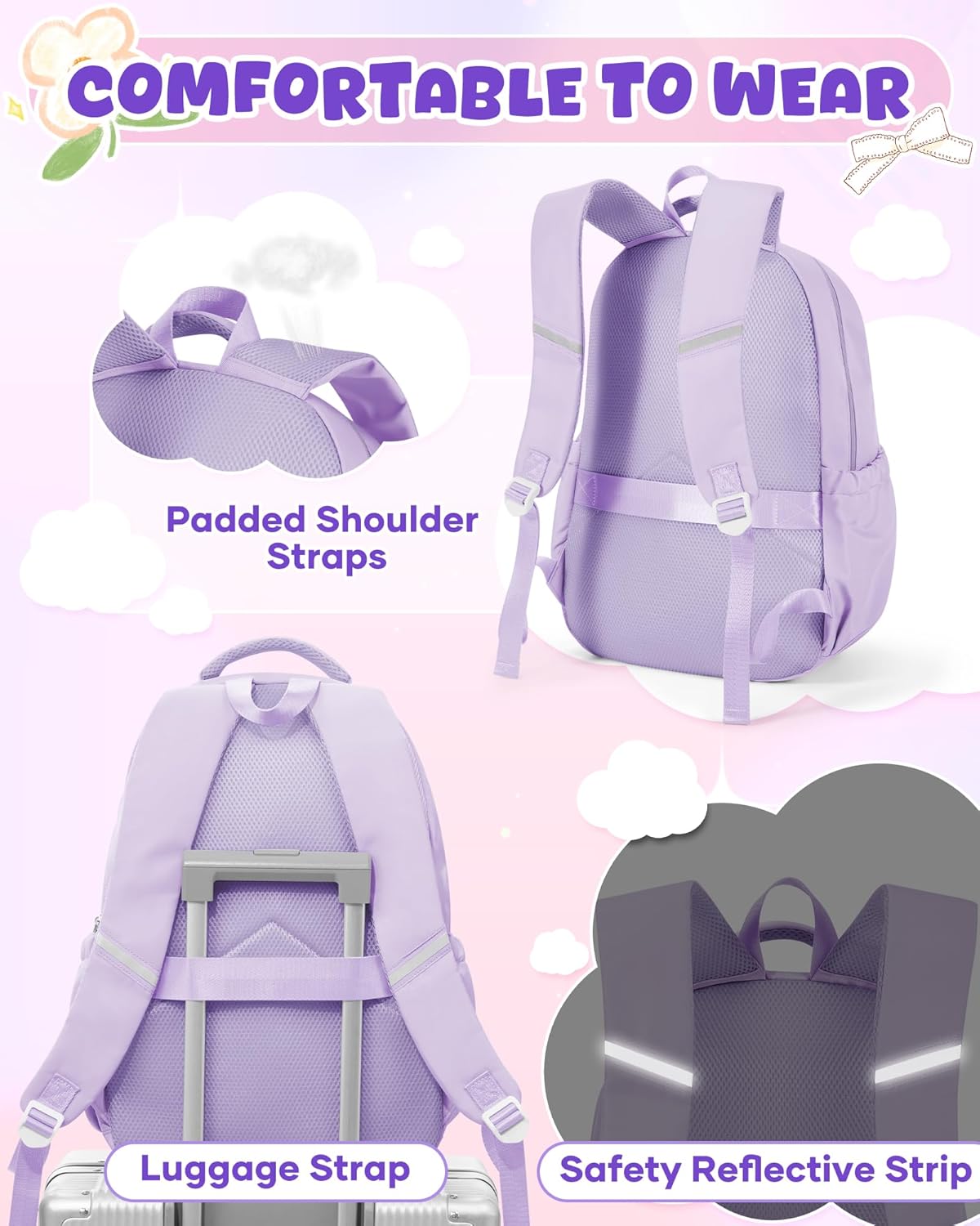 Backpack for Girls,Kids School Backpack Girls Cute Kindergarten Elementary Preschool Middle School Bags Kids Teens Aesthetic Bookbag Kawaii Backpacks Student Daypack Purple - Image 6