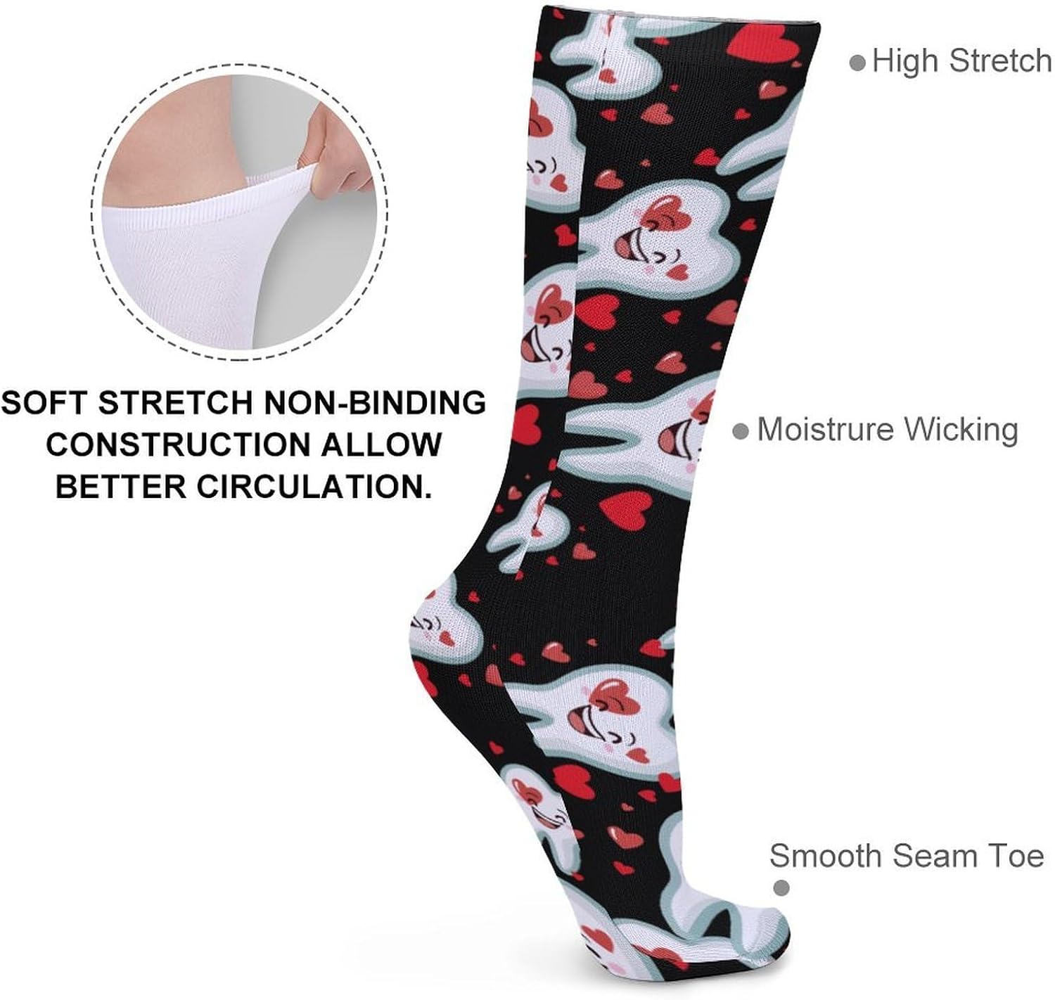 Tooth Smile Heart Knee High Socks Casual Long Stockings Over Calf Sock Tube for Women Men