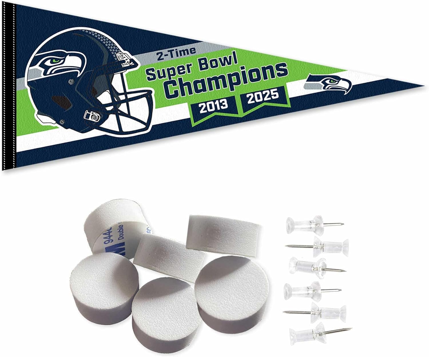 Seattle Seahawks Super Bowl LX and 2 Time Champions Pennant Banner and Wall Tack Pads