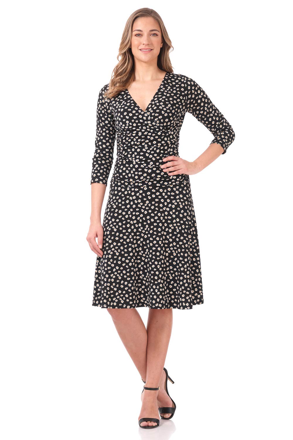 Rekucci Women's Slimming 3/4 Sleeve Fit-and-Flare Crossover Tummy Control Dress