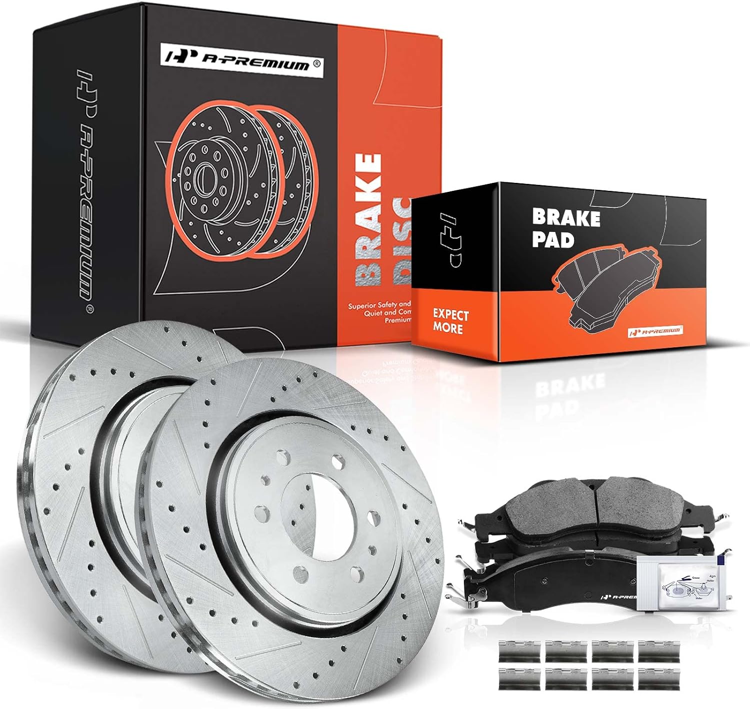 A-Premium 13.78 inch(350. mm) Front Drilled and Slotted Disc Brake Rotors + Ceramic Pads Kit Compatible with Select Ford and Lincoln Models - Expedition, Navigator, 2007 2008 2009, 6-PC Set