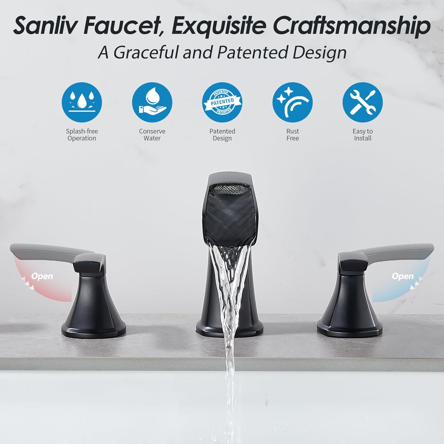 Matte Black Waterfall Bathroom Faucet, Sanliv 3-Piece Widespread Bathroom Sink Faucets, 2-Handle Vanity Faucet for 3-Hole Sinks 4-8 Inch with Pop-Up Drain, ‎Matte Black