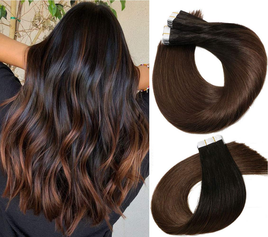 Tape In Hair Extensions Human Hair Balayage Ombre Hair 20pcs/50g Per Set Natural Black Fading to Medium Brown Double Sided Tape Skin Weft Remy Silk Straight Hair Glue in Extensions Human Hair 20 Inch