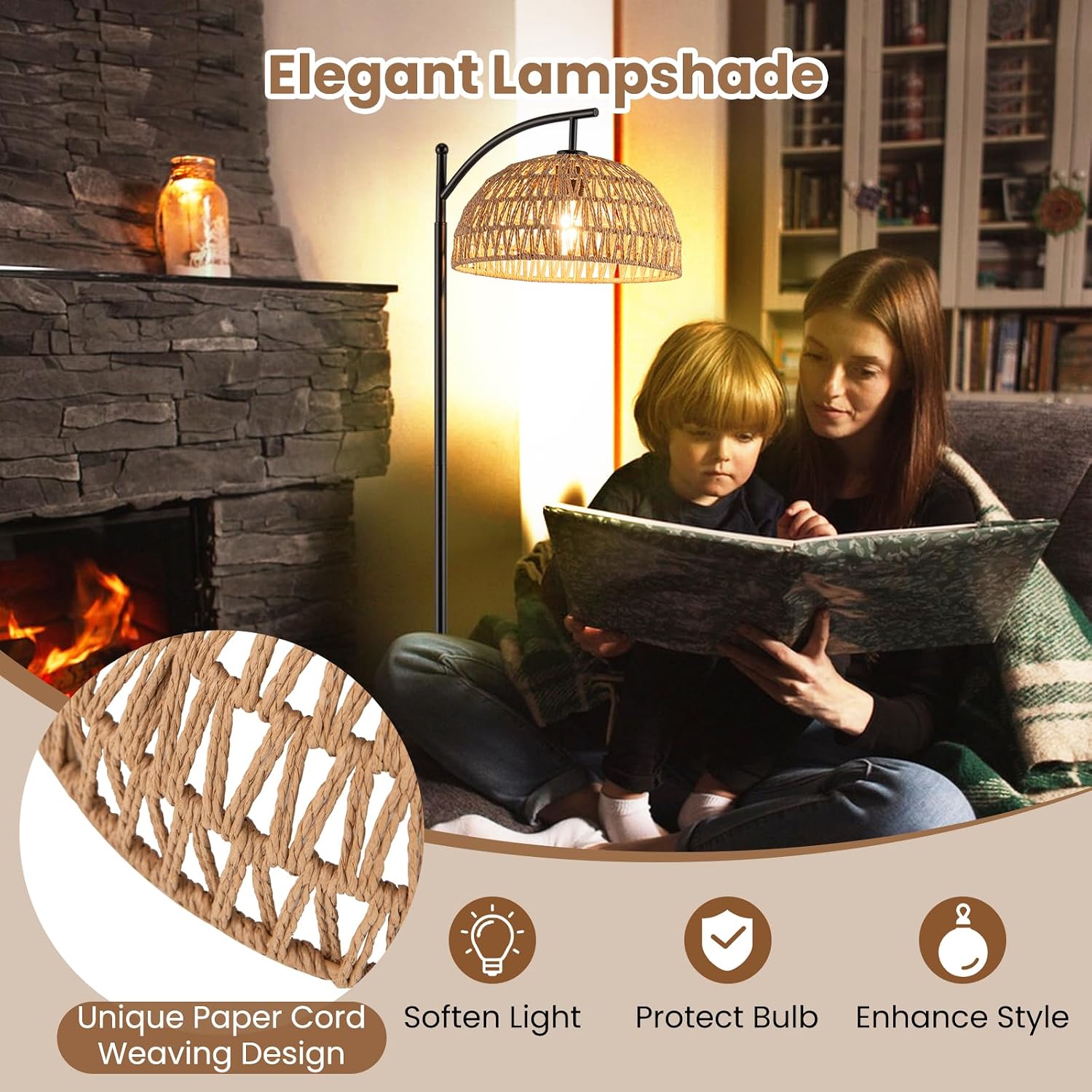 Giantex Boho Floor Lamp with Handwoven Paper Rope Shade, Arc Standing Lamp with E26 Socket & Foot Switch, Anti-Tip Base, for Living Room, Bedroom, Reading Corner, No Bulb Included
