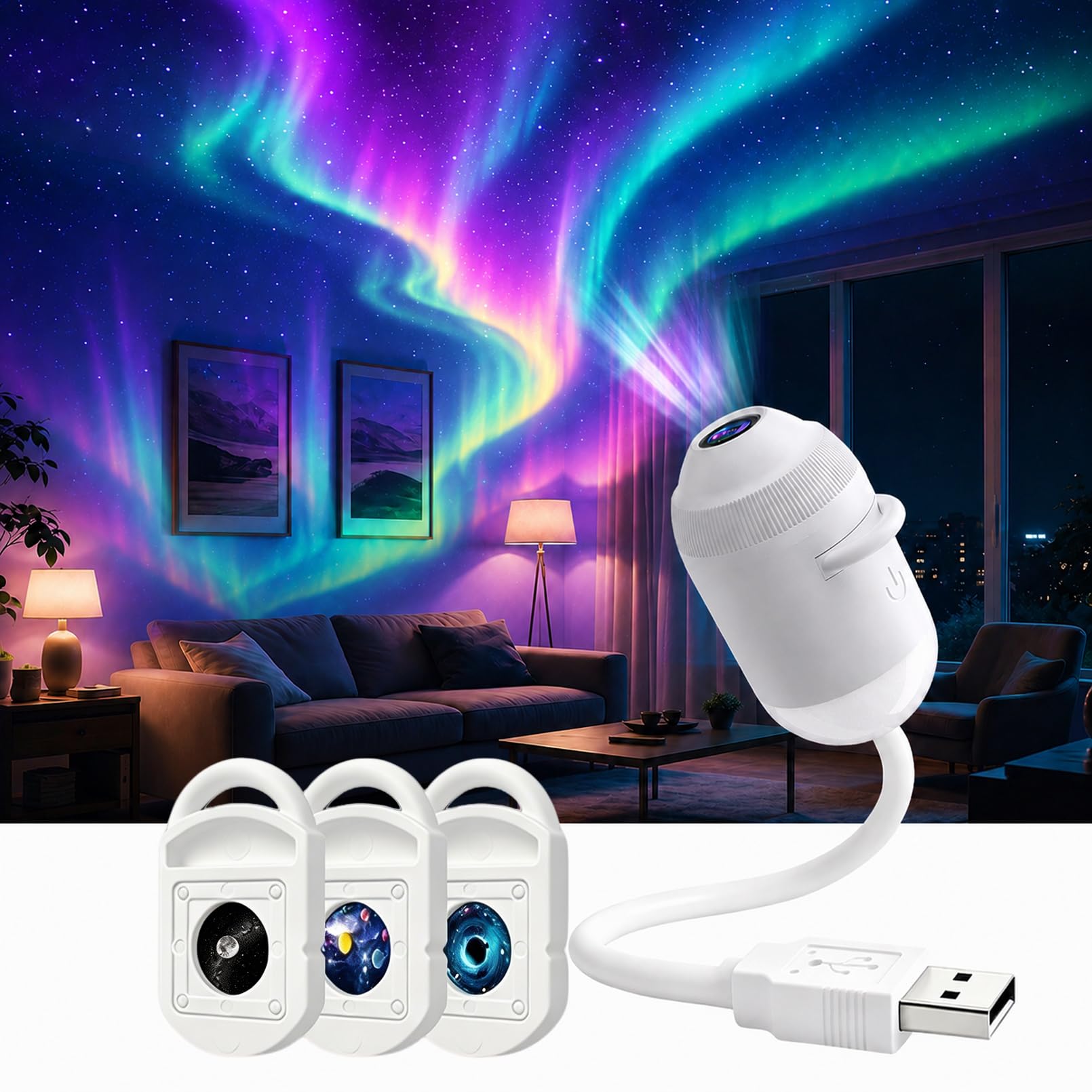 XIANGSHI HD Smart Dynamic 5D Holographic Night Light Projector, Plug and Play HD Star Projector with 3/6/12/24 Projection Films, 360 Rotating USB Powered Ceiling Light for Bedroom Car Roof (3 Films)