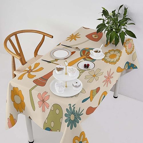Vista 46 de Mantel floral retro de los años 70, diseño bohemio abstracto de flores amarillas naranjas para decoración de mesa de campo, granja, cocina, comedor