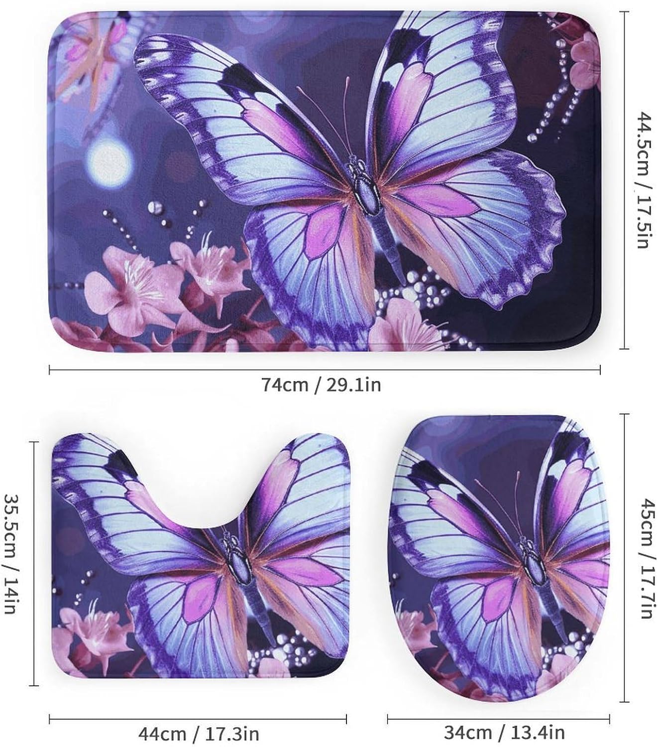 Purple Butterfly Shower Curtains Set 4 Piece with Non-Slip Rugs, Toilet Lid Cover and Bath Mat Soft Bathroom Carpet Waterproof Bathroom Curtain with 12 Hooks for Bathroom Decor