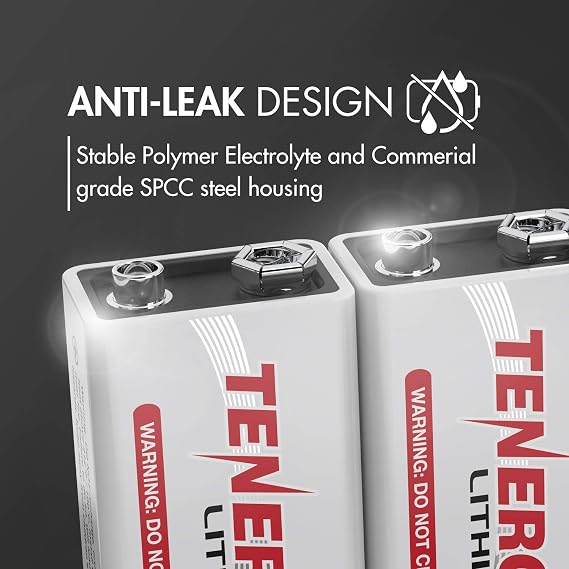 Tenergy 9V Lithium Batteries, 1200mah Non-Rechargeable Batteries, 10 Years Shelf Life Lithium 9 Volt Batteries, 4 Pack