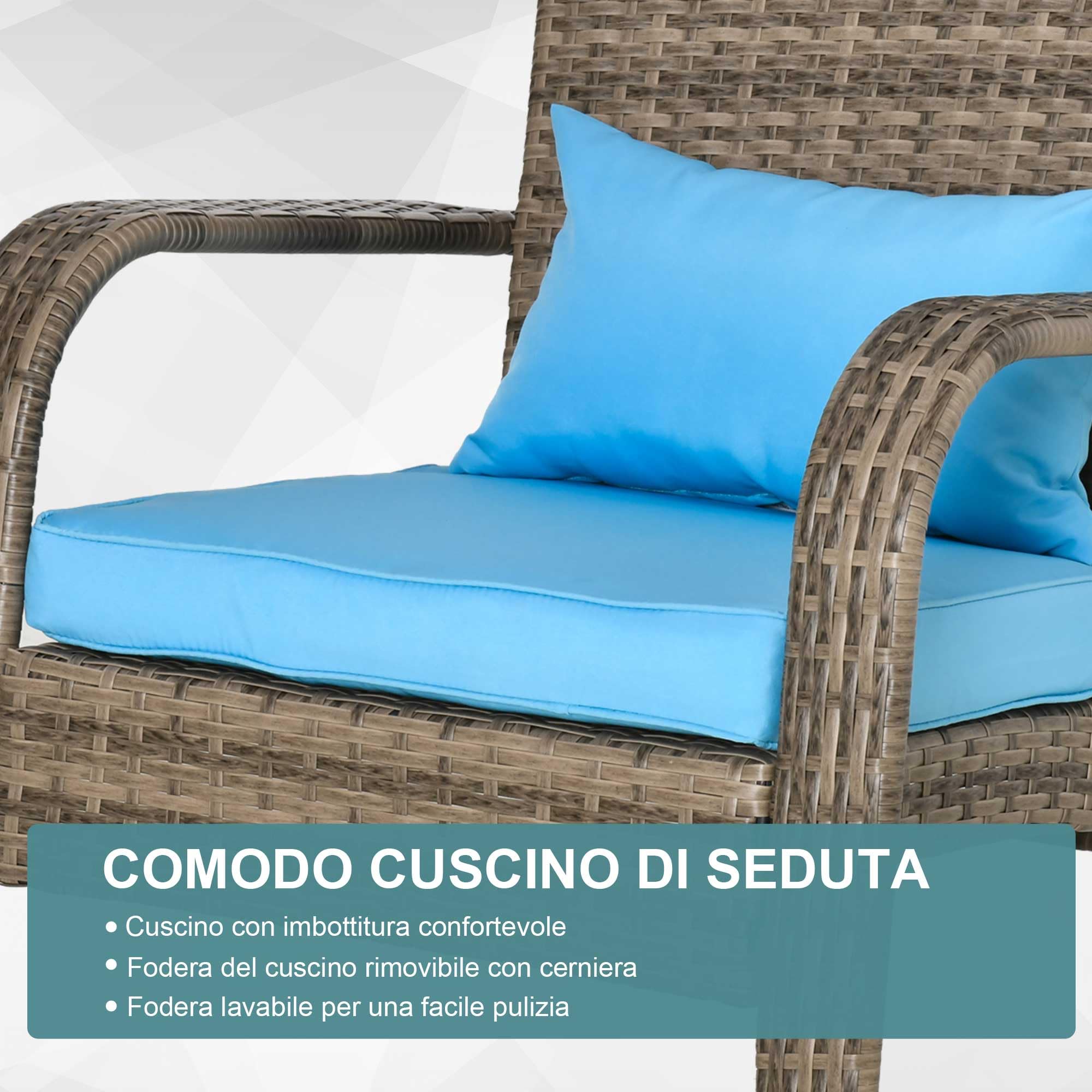 Outsunny Sedia da Giardino Adironrack con Braccioli e Cuscini, Sedia in Rattan e Acciaio per Interni ed Esterni, 64x80x90 cm, Marrone e Blu