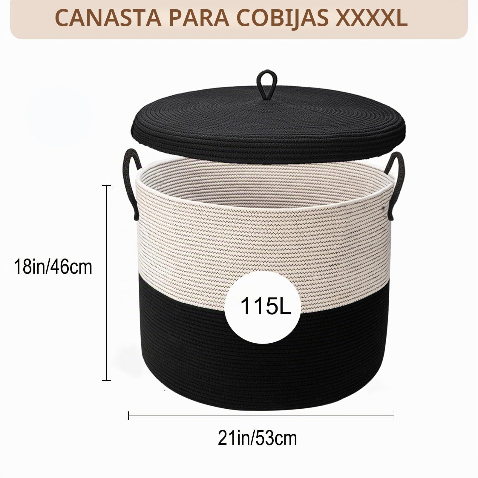 XXXXL - Cesta de cuerda de algodón extragrande con tapa, 53,3 cm de ancho x 45,7 cm de alto, cesta de manta rígida gruesa para sala de estar, cesta grande de almacenamiento tejida para