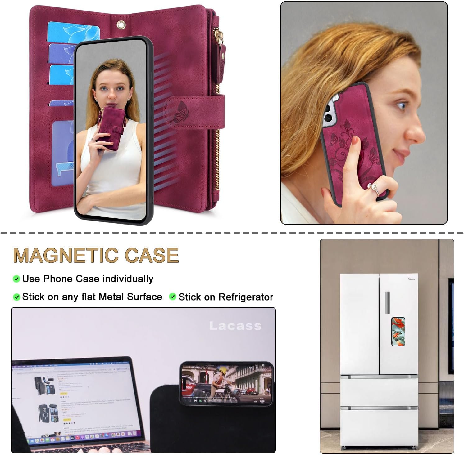 Lacass for Samsung Galaxy S21+ Plus G996U Case, [12 Card Slots] ID Credit Cash Holder Zipper Pocket Detachable Magnet Leather Wallet Cover with Wrist Strap Lanyard (Floral Wine Red)