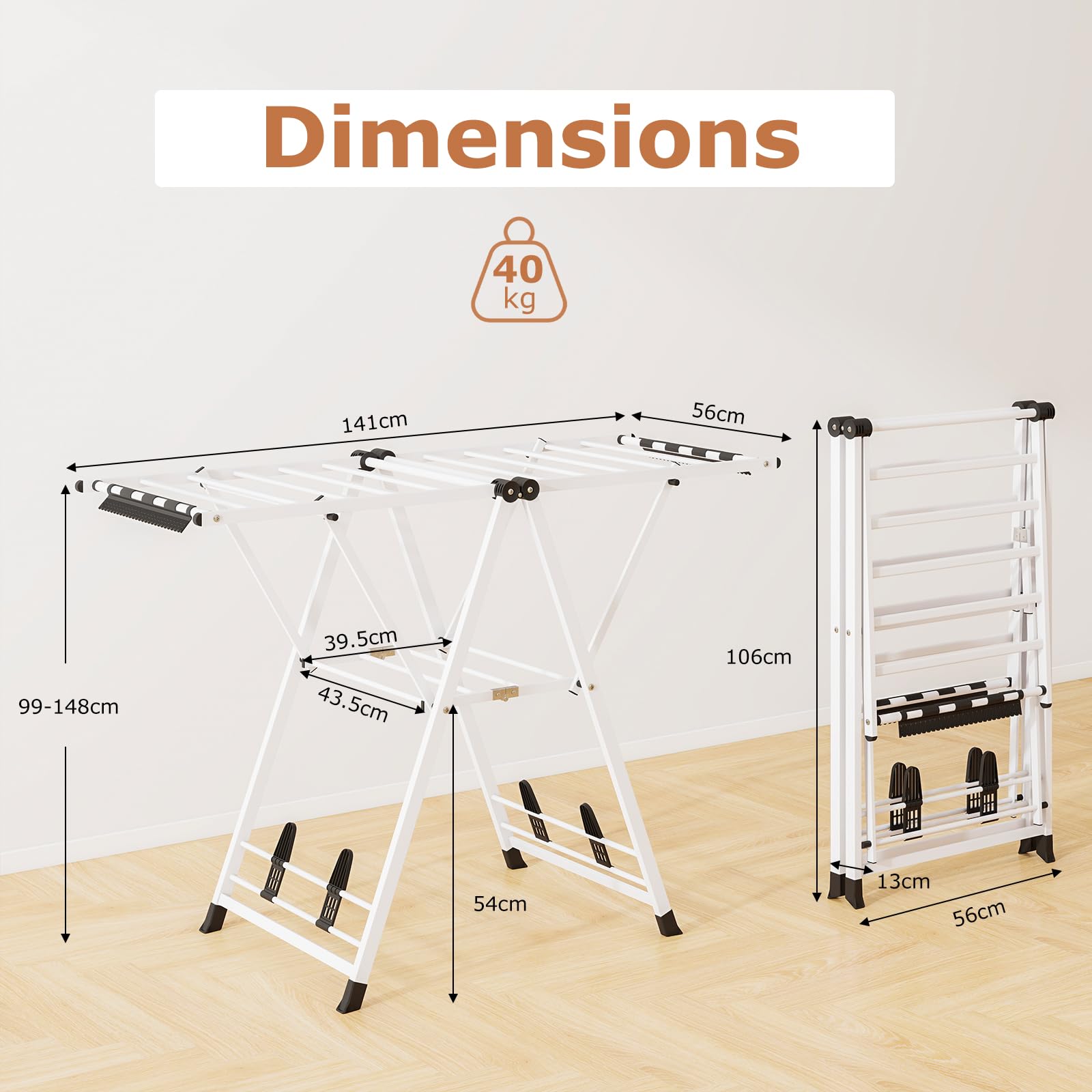 GIANTEX Étendoir à Linge Pliable, Ailes Réglable en Hauteur, 16 Barres de Séchage, Pinces pour Chaussettes, Repose-Chaussures, Séchoirs à Linge en Métal pour Intérieur et Extérieur