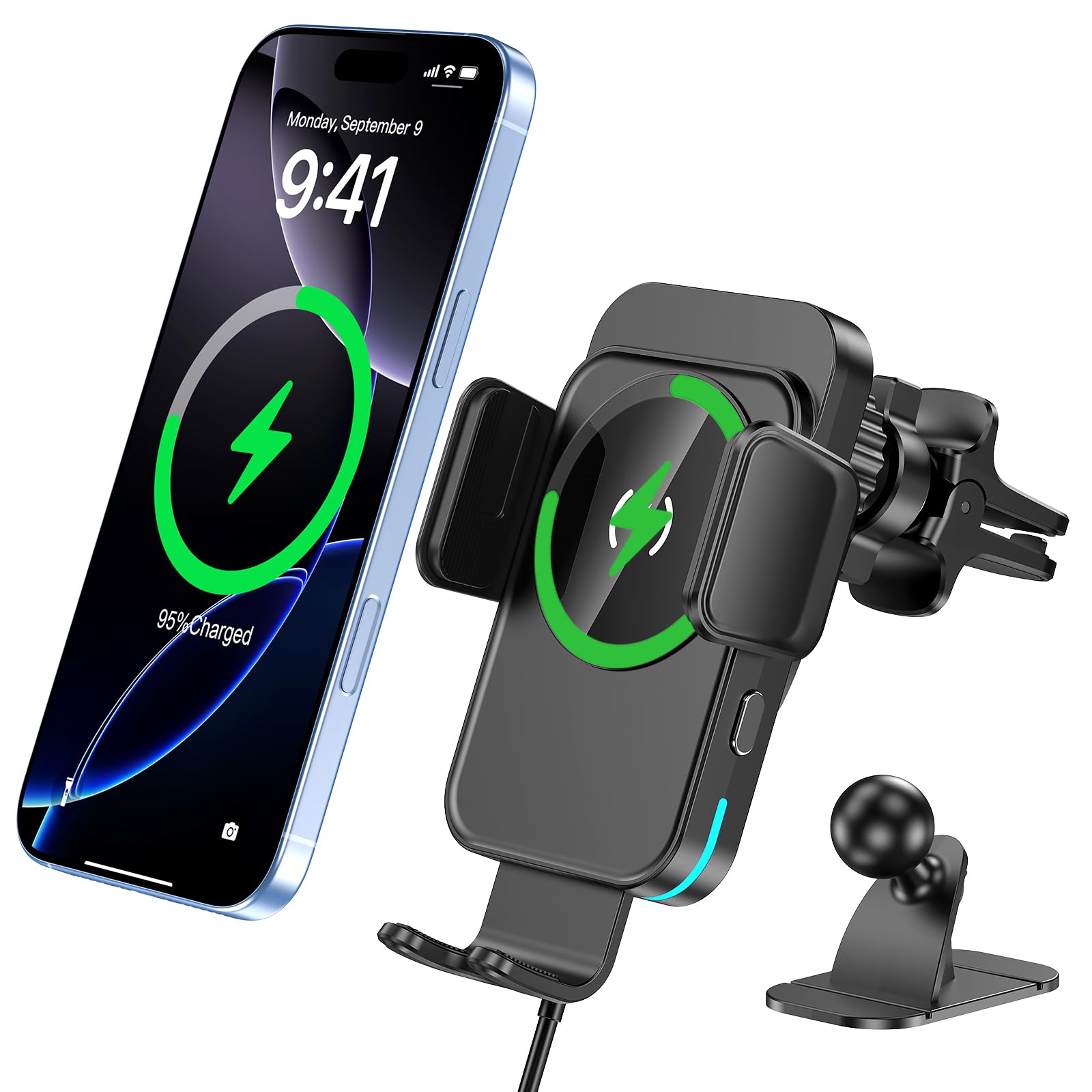 Photo 1 of bokilino Wireless Car Charger, 15W Fast Charging [Auto Clamping] [Auto Alignment] Phone Holders for Your Car Dashboard Windshield Air Vent Car Accessories for iPhone 17 16 15 14 13 12 Series, Black