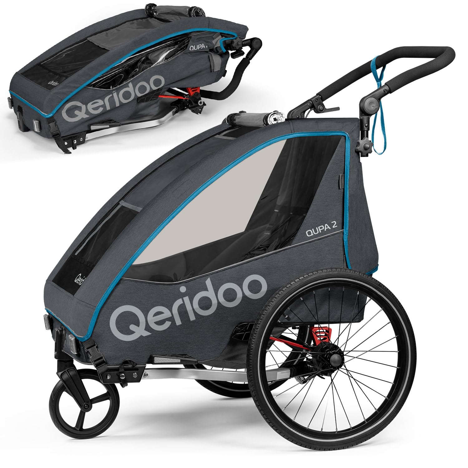 Qeridoo QUPA 2 Blue | Fahrradanhänger 2 Kinder | Kinder Fahrradanhänger mit Blattfederung & Handparkbremse | Jogger Kinderwagen | Kinderfahrradanhänger klappbar | Fahrrad Anhänger