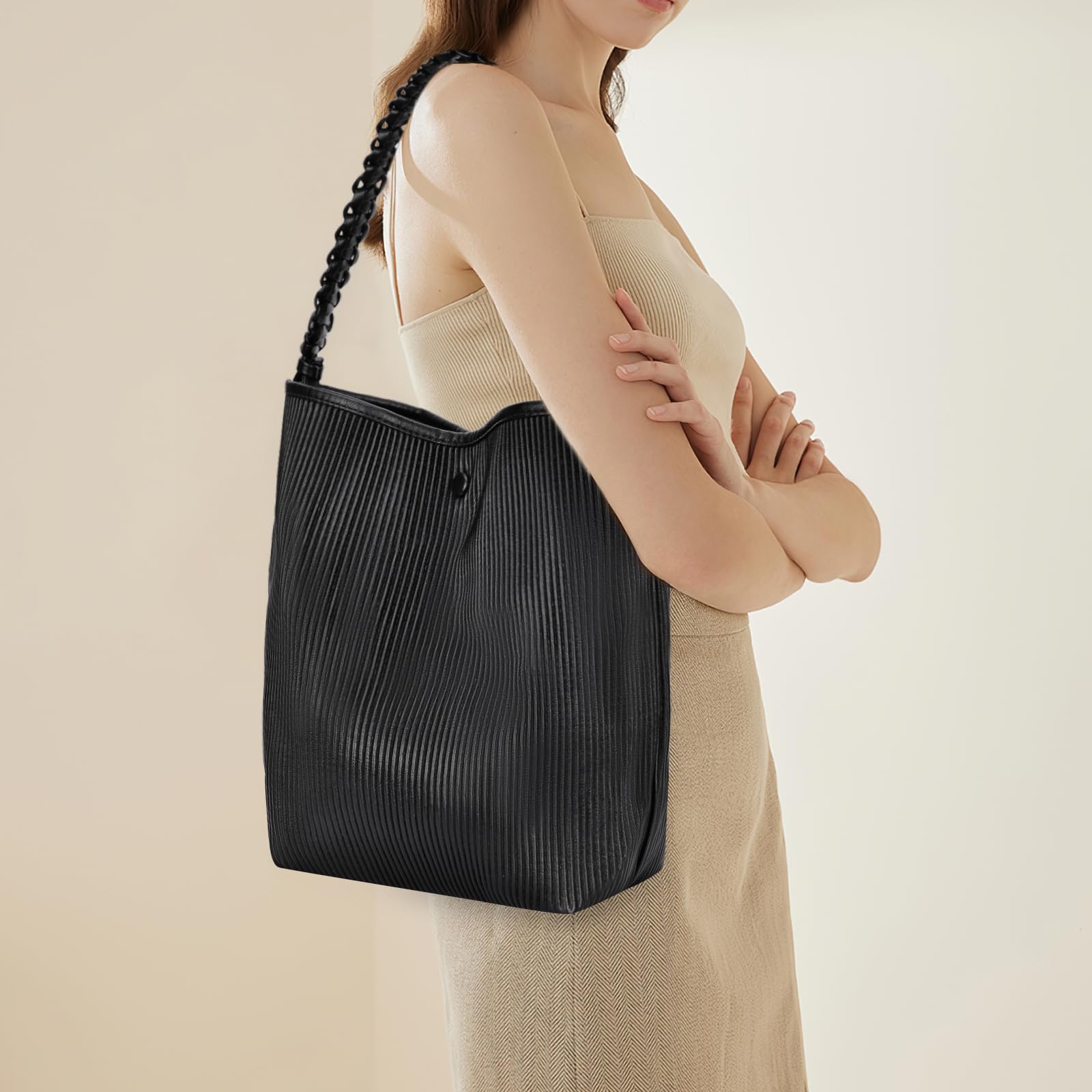 Leather Tote Bag for Women Large Bucket Hobo Bag Trendy Handle-Woven Shoulder Handbag with Purse