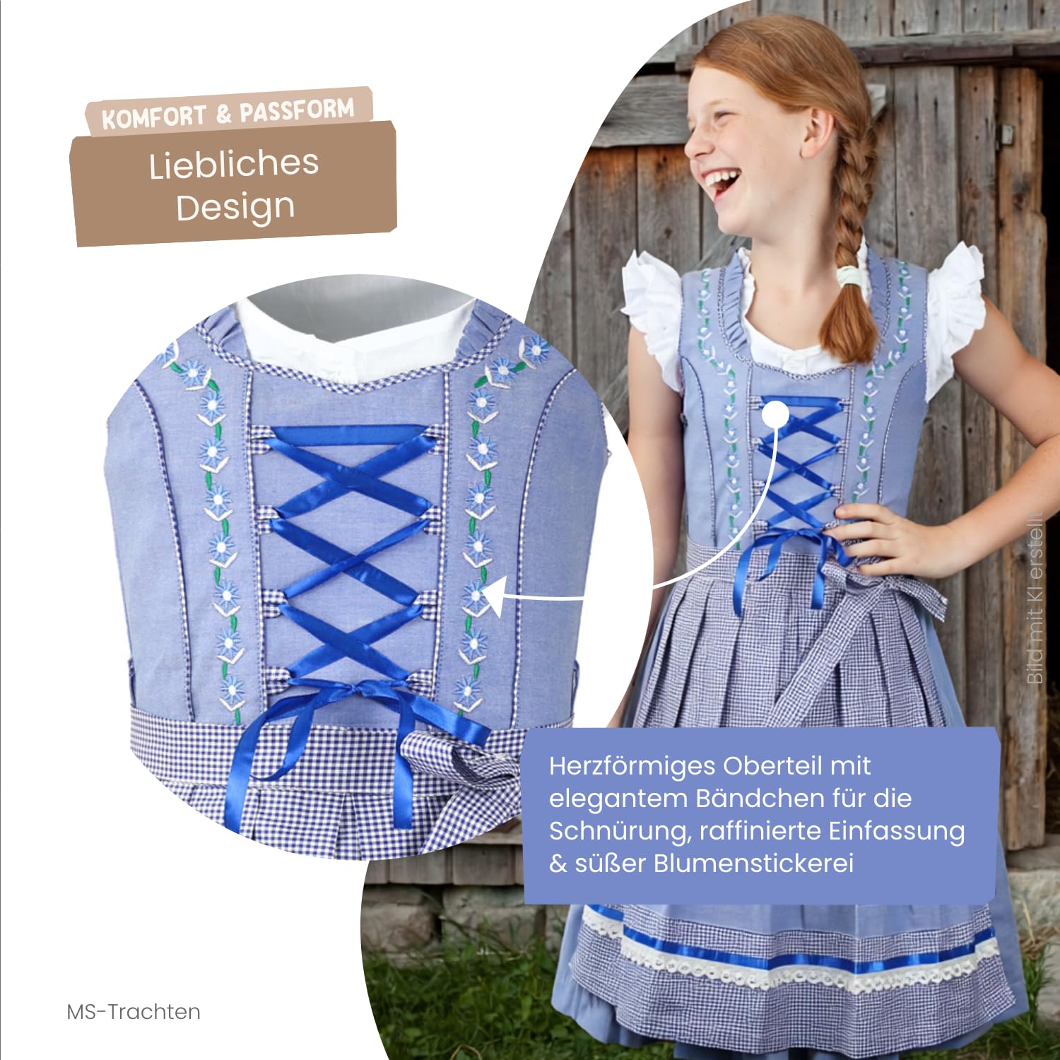 Kinderdirndl Mila – Kinder Dirndl blau rot mit Bluse 3 teilig – traditionelles Trachtenkleid für Mädchen