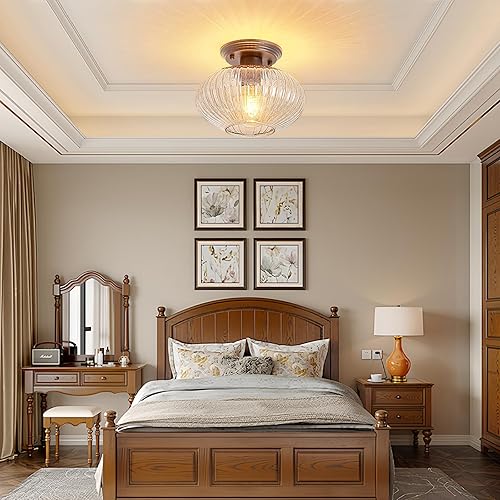 Miniatura 8 de Lámpara de techo semiempotrada, luces de techo vintage negras para cocina, vidrio a rayas ámbar cerca del techo para sala de estar, pasillo,