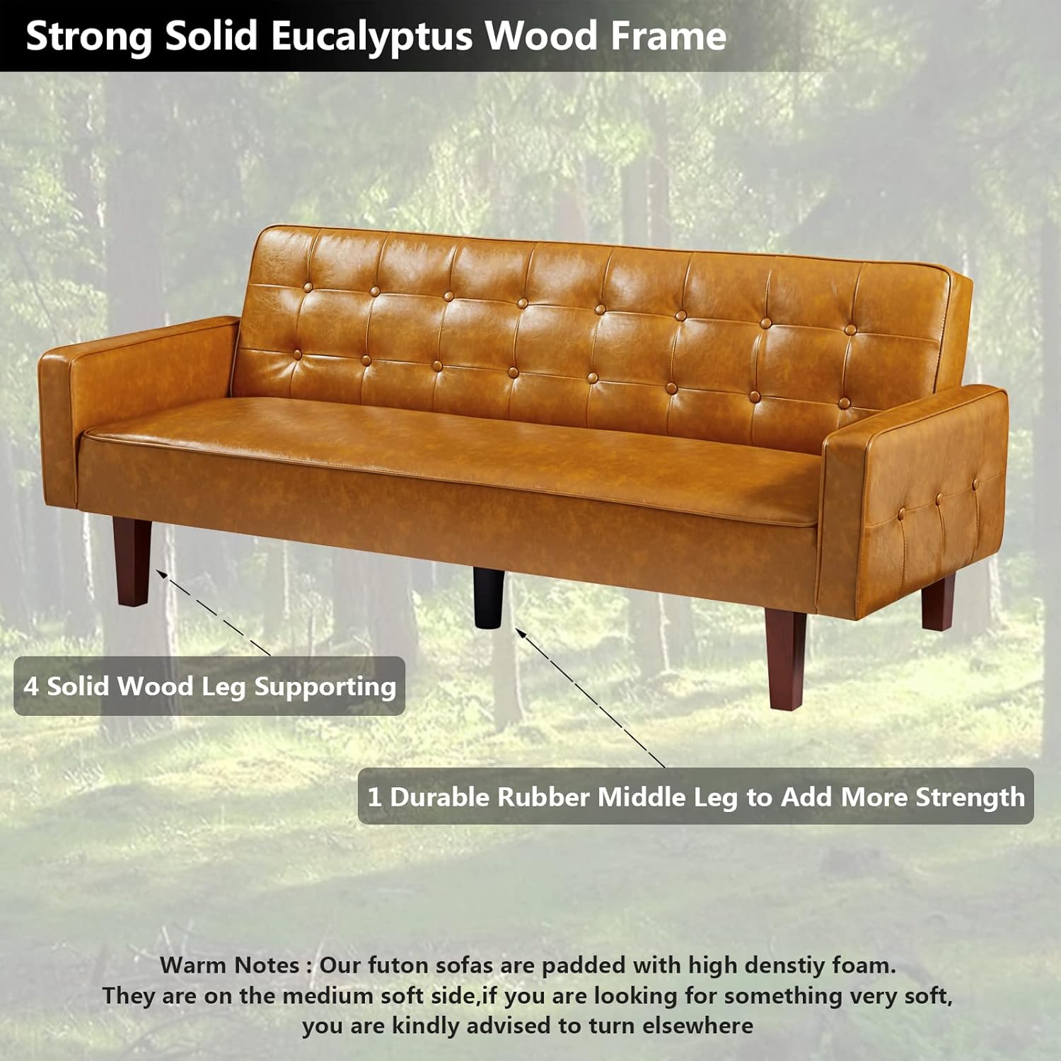 mikibama PU Futon Sofa Couch for Living Room Convertible Faux Leather Upholstered Futon Sleeper Sofa Bed Channel Tufted Bedroom Futons with Solid Wood Legs for Small Spaces